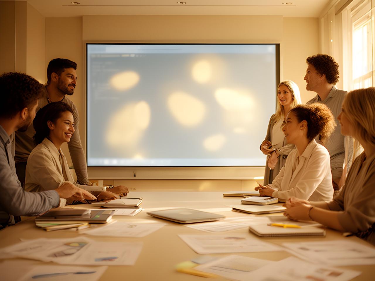 Harris Vision team gathered around a dashboard display in a London office with warm daylight and notebooks on the table
