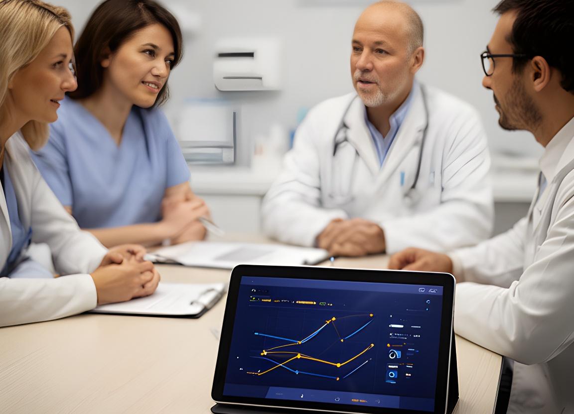 Dental team discussing patient progress in a consulting room with outcome charts on a tablet