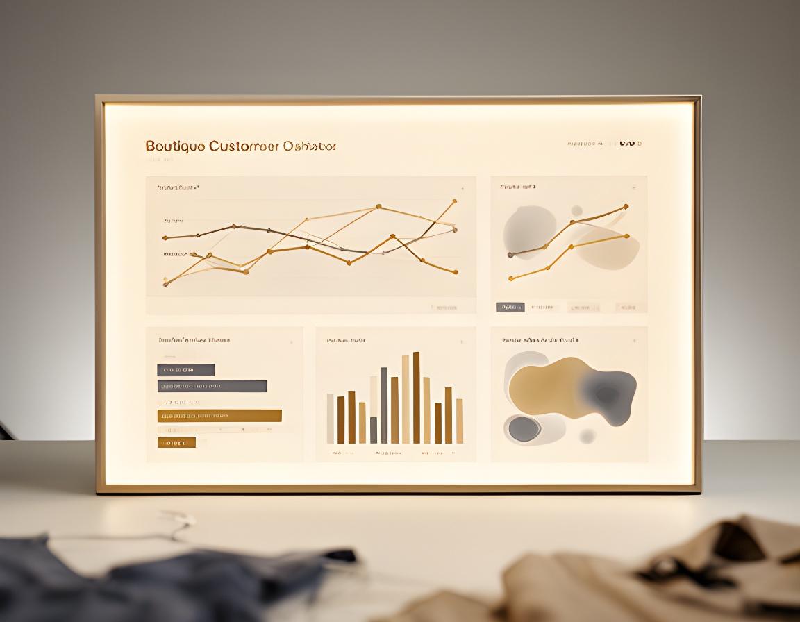 Boutique fashion dashboard on a studio desk with trend charts, footfall patterns and product cards