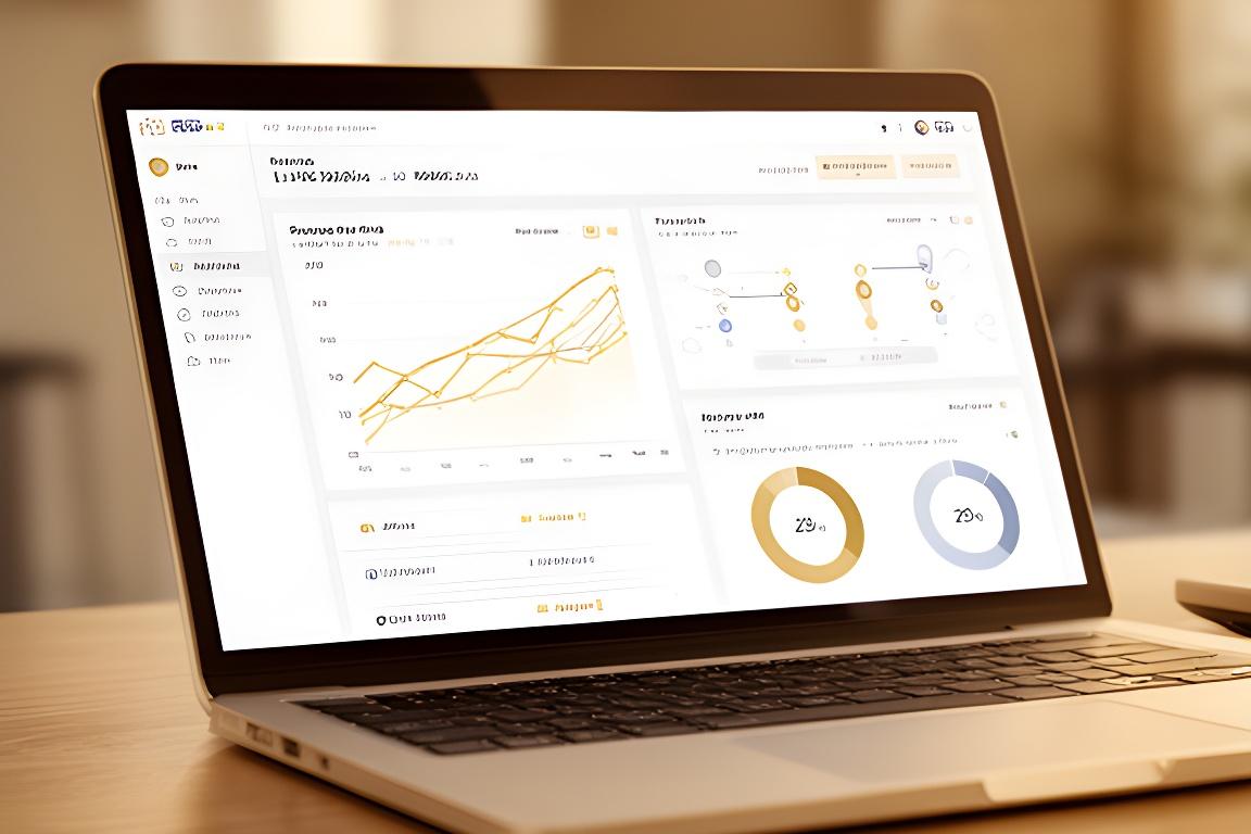 AI dashboard interface showing revenue trends, patient flow and live KPI panels on a warm desk setup