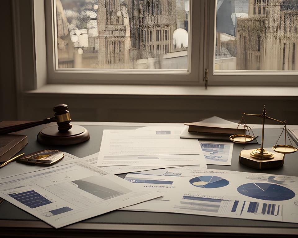 Legal documents and a dashboard mock-up arranged on a desk beside a window overlooking London