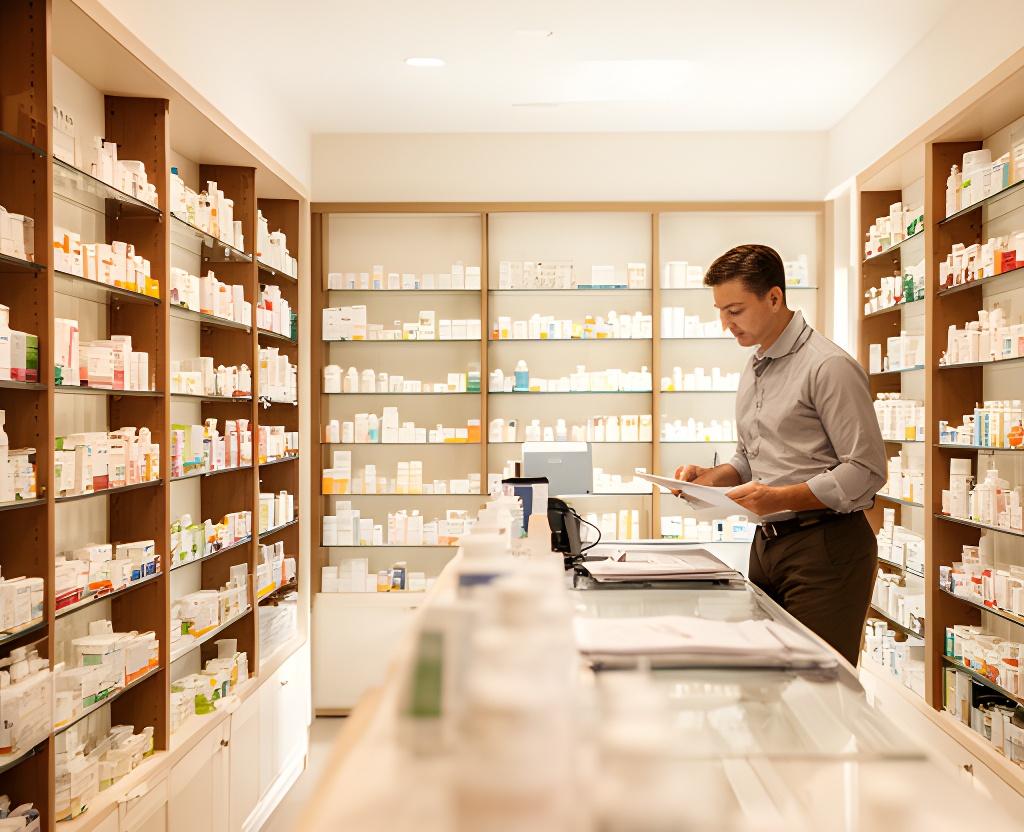 Independent pharmacy interior with neatly organised retail shelves, counter display and a manager checking stock levels