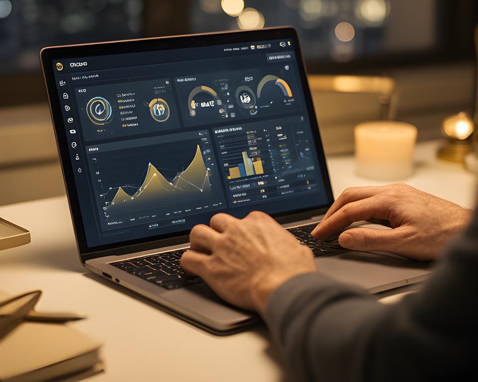 Analyst reviewing a secure AI dashboard on a laptop in a warm London workspace