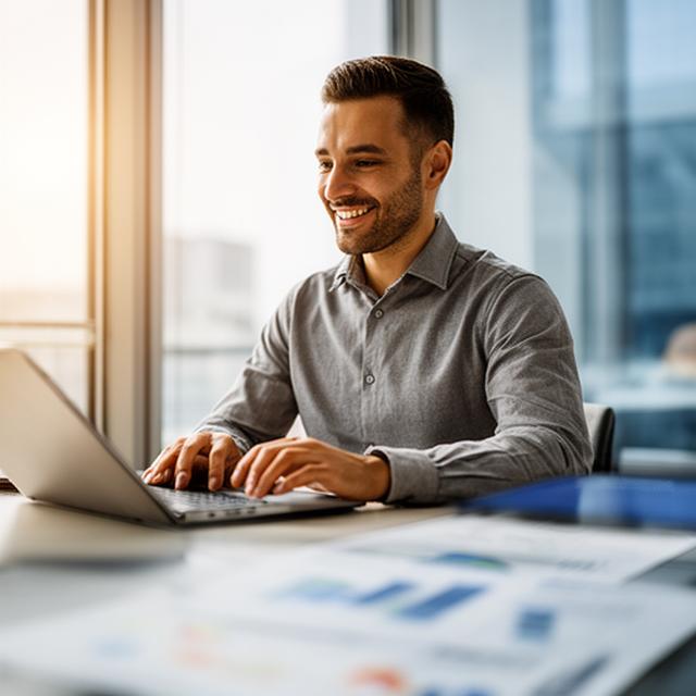 Data scientist reviewing a dashboard prototype beside a bright office window in London