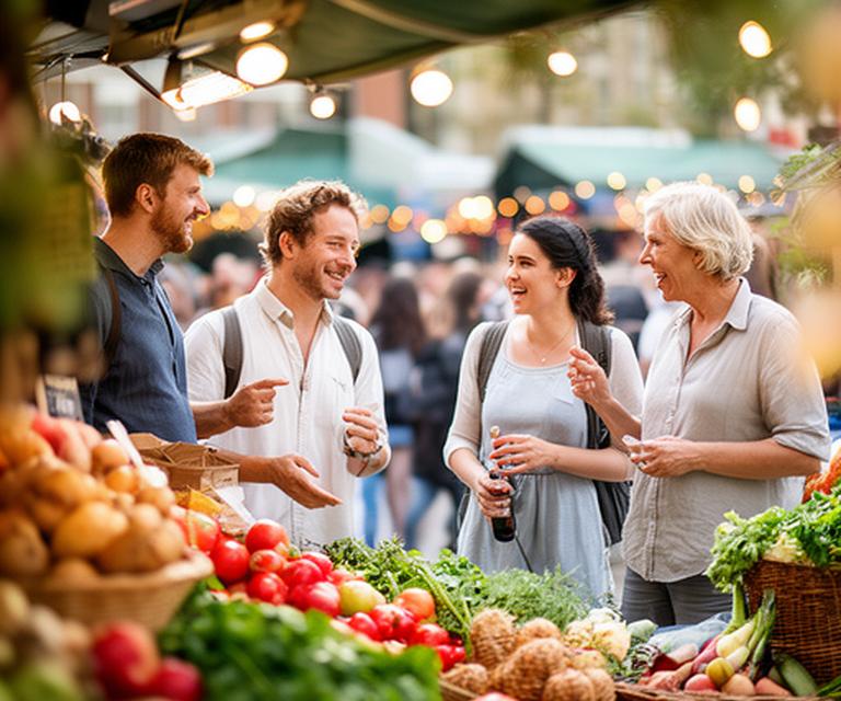 Small team at an outdoor market stall in London with fresh produce and smiling conversation