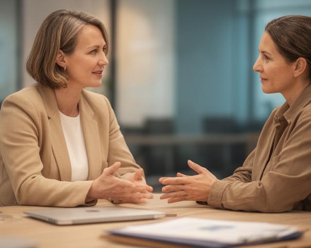 Client success manager talking through dashboard results with a business owner at a shared meeting table