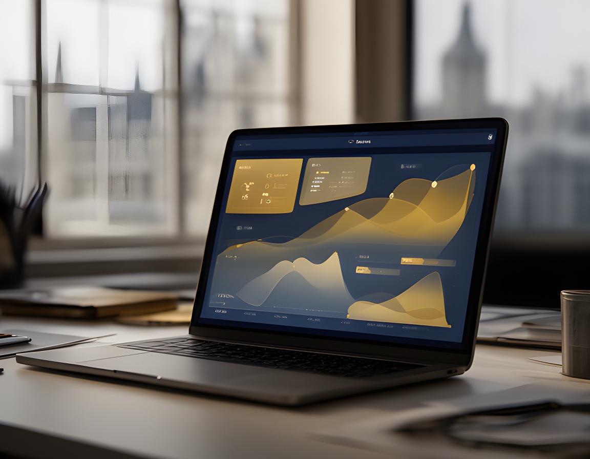 Laptop showing an AI dashboard with layered charts and legal notes in a London office setting